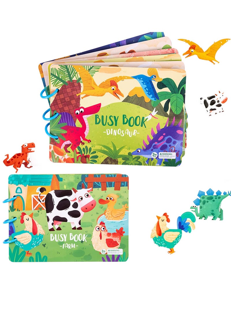 Quiet Book for Young Children, 2 Pieces of Baby Early Education Scene Layout Sticker Puzzle Toy Dinosaur Animal Interactive Cognitive Book Suitable for Children to Develop Learning Skills - Image 1